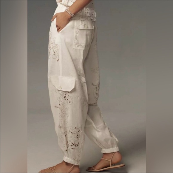 Anthropologie Embroidered Linen Pull-on Joggers Medium - Picture 3 of 9